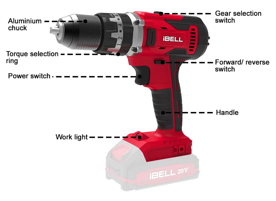 IBELL One Power Series Cordless Impact Drill CD20-55 20V 55Nm (Battery & Charger Not Included), Black  with 6 months warranty