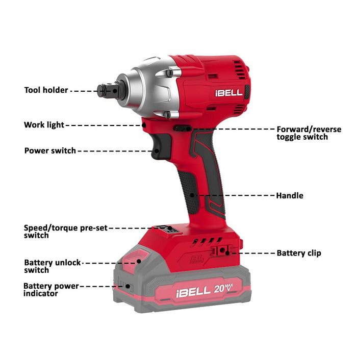IBELL One Power Series Cordless Impact Wrench Brushless BW20-32 20V 1/2" 300Nm (Battery & Charger not included)