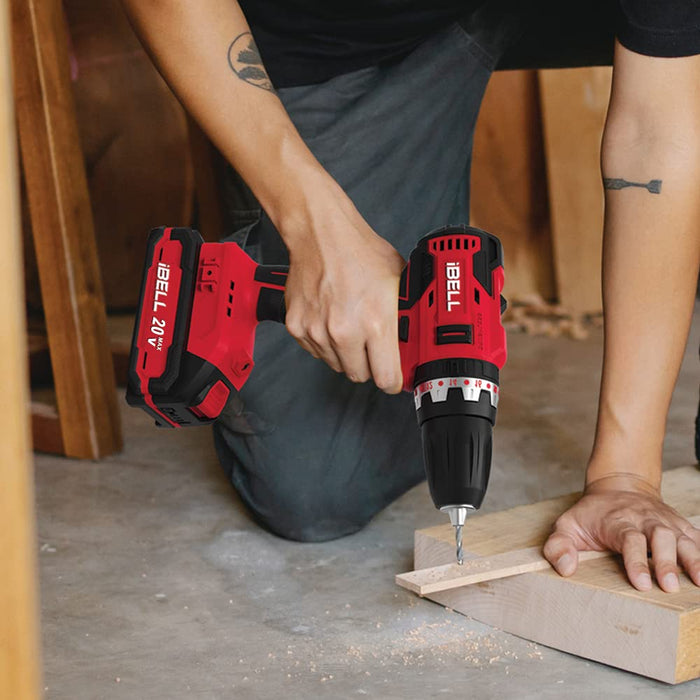 IBELL One Power Series Cordless Impact Drill Brushless BD20-38 20 volts, 0.375 inches 38Nm with 2AH battery, Red