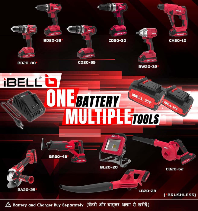 iBELL BD20-80 One Power Series 20V Cordless Impact Drill Brushless | Max 80Nm Torque | 1750 RPM Speed | 13mm Heavy-Duty Metal Keyless Chuck | 20+3 Clutch Settings | LED Light | 2Ah Battery in BMC Box