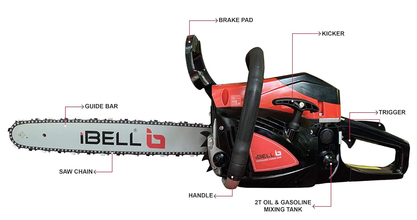 IBELL Petrol Chainsaw 5858CS, 2.4KW/3.2HP, 58cc, 18inch Guide Bar and Chain, 3000±200 RPM and Automatic Chain Oiler