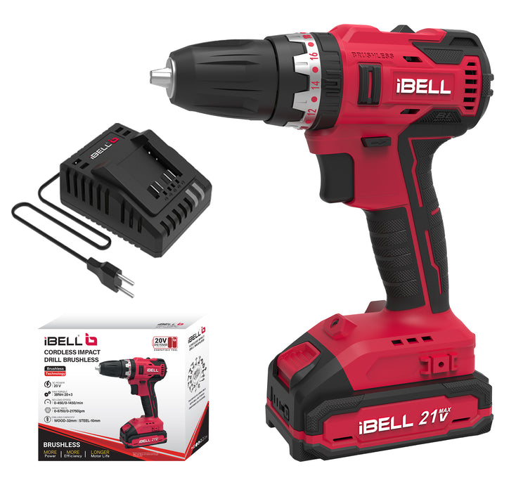 IBELL One Power Series Cordless Impact Drill Brushless BD20-38 20 volts, 0.375 inches 38Nm with 2AH battery, Red with 18 months warranty