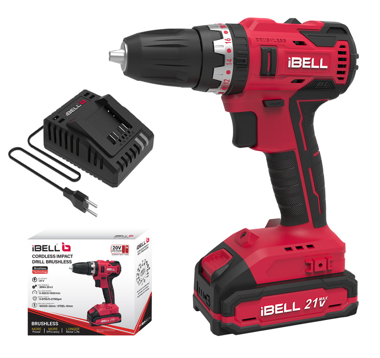 IBELL One Power Series Cordless Impact Drill Brushless BD20-38 20 volts, 0.375 inches 38Nm with 2AH battery, Red