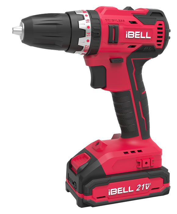 IBELL One Power Series Cordless Impact Drill Brushless BD20-38 20 volts, 0.375 inches 38Nm with 2AH battery, Red