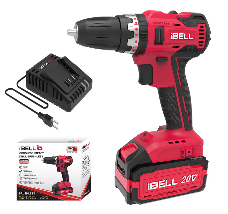 IBELL One Power Series Cordless Impact Drill Brushless BD20-38 20 volts, 0.375 inches 38Nm with 4AH battery, Red with 18 months warranty