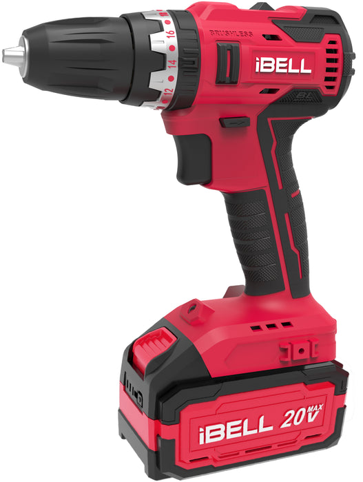 IBELL One Power Series Cordless Impact Drill Brushless BD20-38 20 volts, 0.375 inches 38Nm with 4AH battery, Red