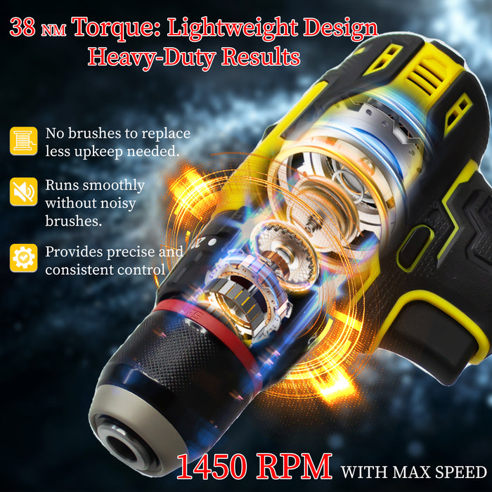 iBELL VORMIR VR BD21-38 20V Max Brushless Cordless Drill Driver | 2 Modes (Drill & Impact), Dual Speed 0–450 / 1450 RPM, 38 Nm Torque, 10mm Chuck | Includes 2.0Ah Li-ion Battery & Fast Charger