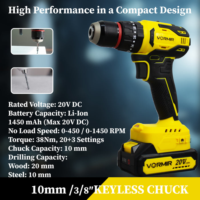 iBELL VORMIR VR BD21-38 20V Max Brushless Cordless Drill Driver | 2 Modes (Drill & Impact), Dual Speed 0–450 / 1450 RPM, 38 Nm Torque, 10mm Chuck | Includes 2.0Ah Li-ion Battery & Fast Charger