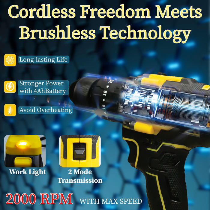 iBELL VORMIR VR BD21-80 20V Max Brushless Cordless Impact Drill | 80 Nm Torque | 0–2000 RPM | 30000 IPM | 13mm Metal Chuck | 2-Speed | 20+3 Mode Settings | 4.0Ah Battery | BMC Box