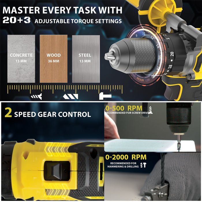 iBELL VORMIR VR BD21-80 20V Max Brushless Cordless Impact Drill | 80 Nm Torque | 0–2000 RPM | 30000 IPM | 13mm Metal Chuck | 2-Speed | 20+3 Mode Settings | 4.0Ah Battery | BMC Box