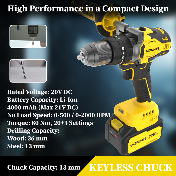 iBELL VORMIR VR BD21-80 20V Max Brushless Cordless Impact Drill | 80 Nm Torque | 0–2000 RPM | 30000 IPM | 13mm Metal Chuck | 2-Speed | 20+3 Mode Settings | 4.0Ah Battery | BMC Box