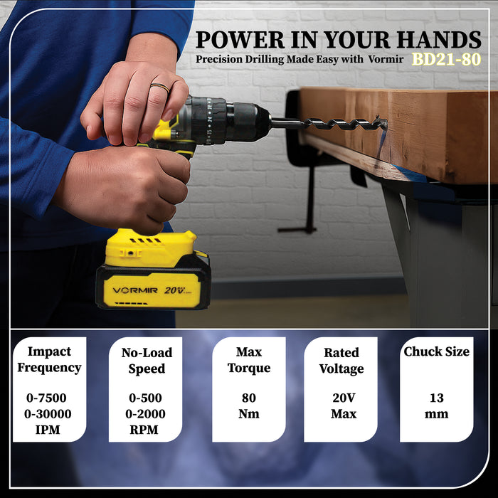 iBELL VORMIR VR BD21-80 20V Max Brushless Cordless Impact Drill | 80 Nm Torque | 0–2000 RPM | 30000 IPM | 13mm Metal Chuck | 2-Speed | 20+3 Mode Settings | 4.0Ah Battery | BMC Box