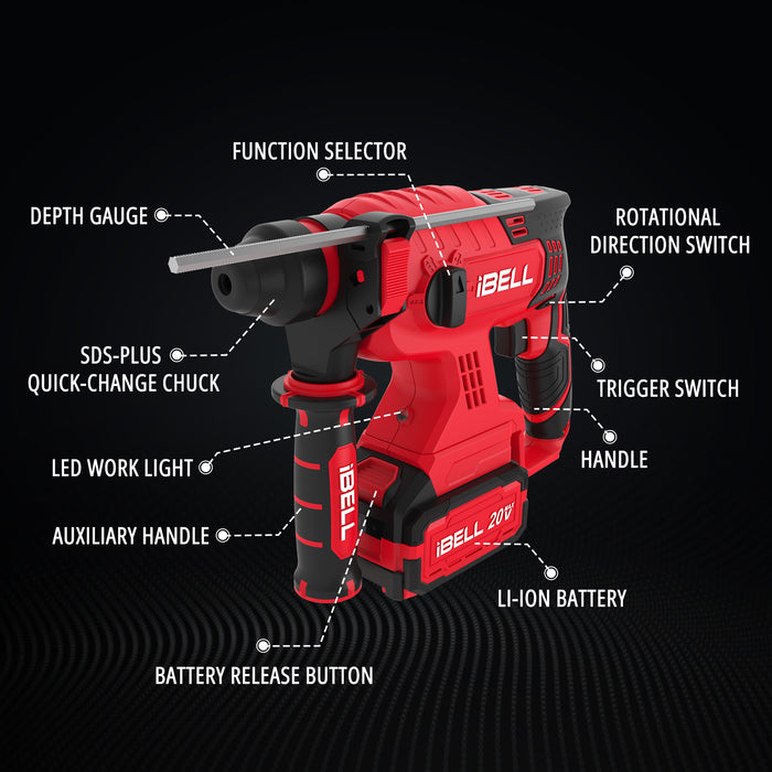 iBell BH22-47 Cordless Rotary Hammer Drill Brushless|20V DC Battery|13mm SDS Plus|0-1400 RPM|2.2 J Impact Energy|4 Modes for Concrete, Masonry, Wood, Steel|Includes 4Ah battery and charger in BMC box