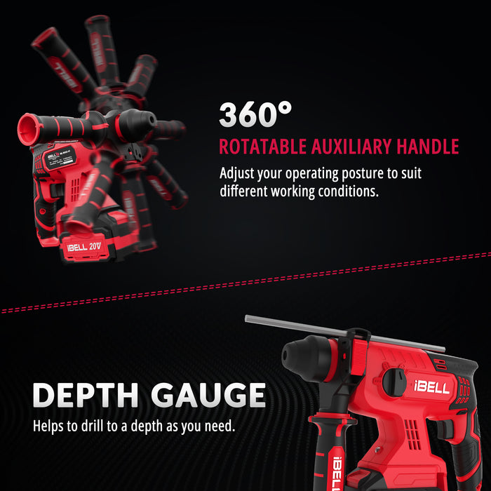 iBell BH22-47 Cordless Rotary Hammer Drill Brushless|20V DC Battery|13mm SDS Plus|0-1400 RPM|2.2 J Impact Energy|4 Modes for Concrete, Masonry, Wood, Steel|Includes 4Ah battery and charger in BMC box