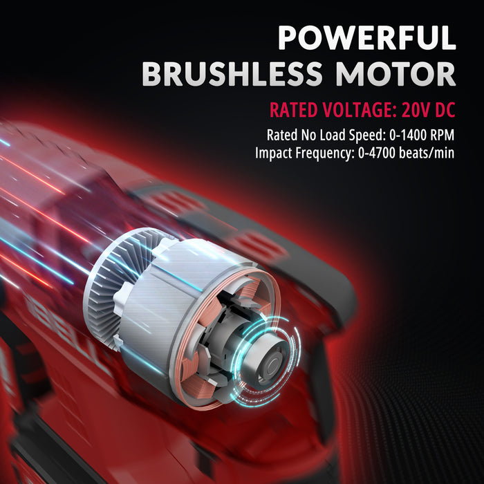 iBell BH22-47 Cordless Rotary Hammer Drill Brushless|20V DC Battery|13mm SDS Plus|0-1400 RPM|2.2 J Impact Energy|4 Modes for Concrete, Masonry, Wood, Steel|Includes 4Ah battery and charger in BMC box