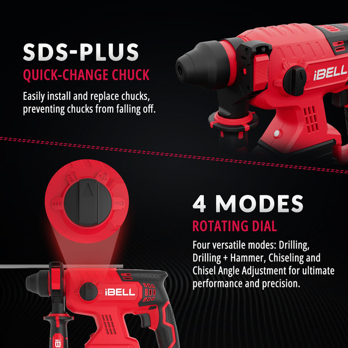 iBell BH22-47 Cordless Rotary Hammer Drill Brushless|20V DC Battery|13mm SDS Plus|0-1400 RPM|2.2 J Impact Energy|4 Modes for Concrete, Masonry, Wood, Steel|Includes 4Ah battery and charger in BMC box