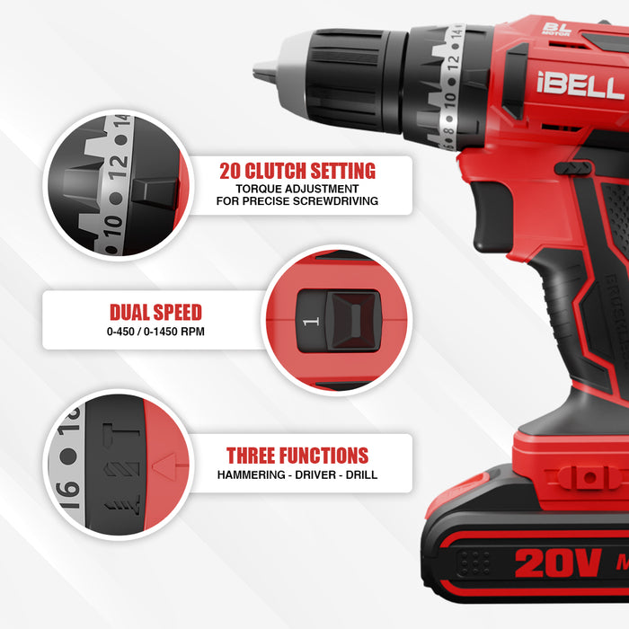 iBELL BM18-60 20V Brushless Impact Driver Drill (Cordless) with 2 Batteries, Charger, Case and Screw Driver Bits