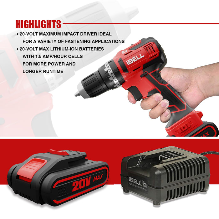 iBELL BM18-60 20V Brushless Impact Driver Drill (Cordless) with 2 Batteries, Charger, Case and Screw Driver Bits