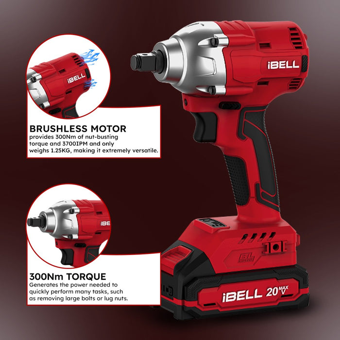 IBELL One Power Series Cordless Impact Wrench BW20-32, 20V Brushless Motor, 300Nm Torque with 2Ah Battery & Charger + BMC BOX
