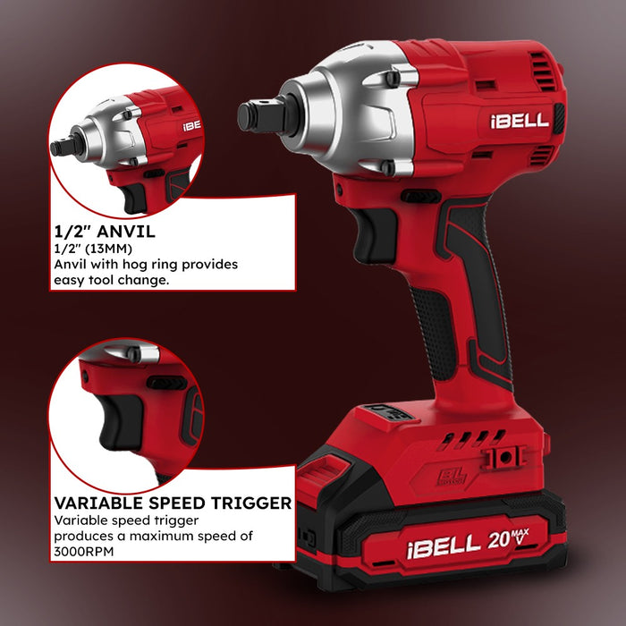 IBELL One Power Series Cordless Impact Wrench BW20-32, 20V Brushless Motor, 300Nm Torque with 2Ah Battery & Charger + BMC BOX