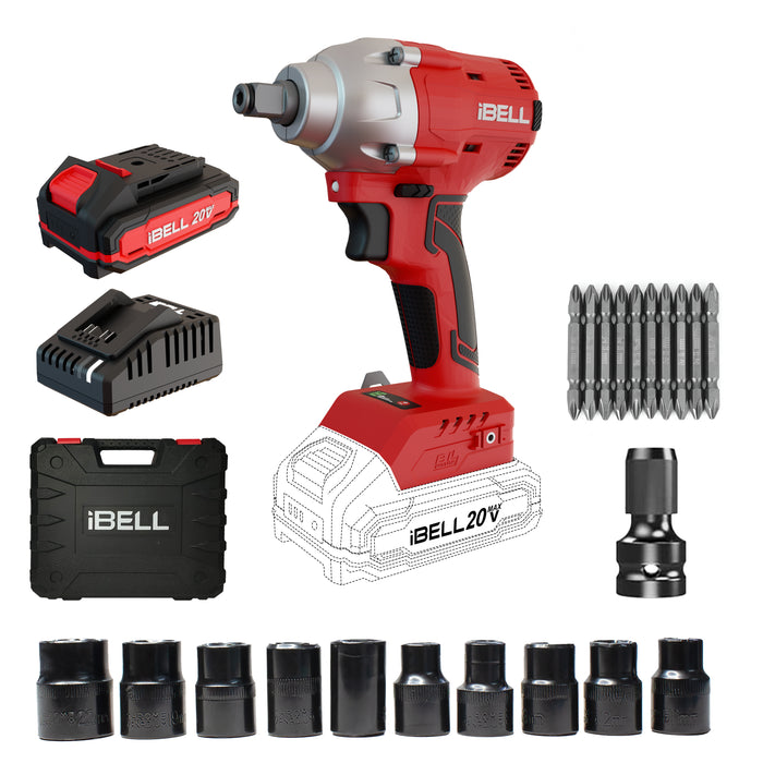 IBELL One Power Series Cordless Impact Wrench BW20-32, 20V Brushless Motor, 300Nm Torque with 2Ah Battery & Charger + BMC BOX