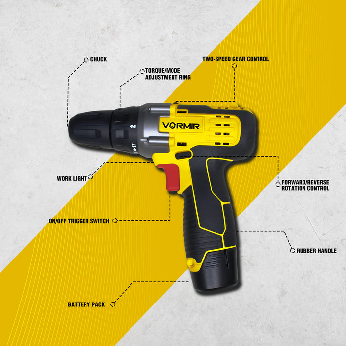 iBELL VORMIR VR CD12-45 Cordless Drill Driver, 12V, 0-400/0-1450 rpm, 25Nm Torque, 10 mm Chuck, 2 x 1500mAh Li-Ion Batteries, Fast Charger, 1 Hour Charging, 22 Accessories in BMC Box, Compact Design