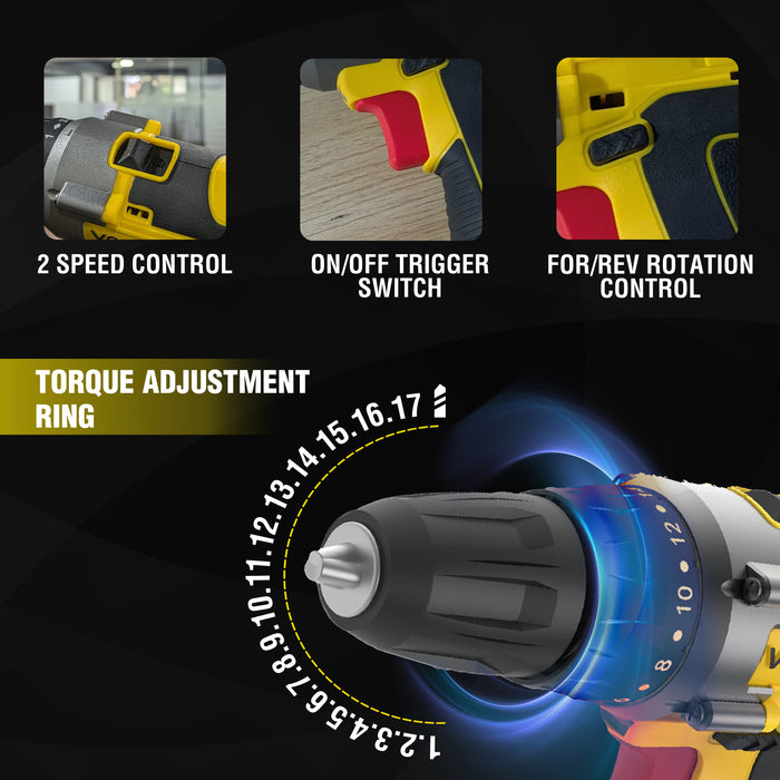 iBELL VORMIR VR CD12-45 Cordless Drill Driver, 12V, 0-400/0-1450 rpm, 25Nm Torque, 10 mm Chuck, 2 x 1500mAh Li-Ion Batteries, Fast Charger, 1 Hour Charging, 22 Accessories in BMC Box, Compact Design