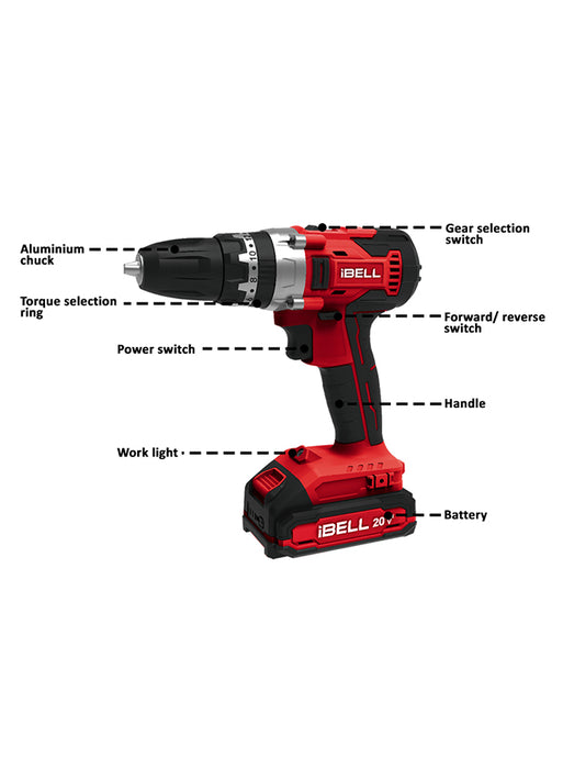 IBELL One Power Series Cordless Impact Drill CD20-30 20V 30Nm 1450RPM with Charger and 2Ah Battery  +BMC box