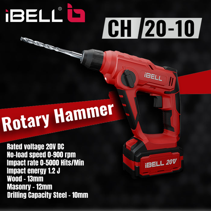 IBELL One Power Series Cordless Rotary Hammer Drill CH20-10 20V,4AH BATTERY, 900RPM, 0.3075 inches .- Red