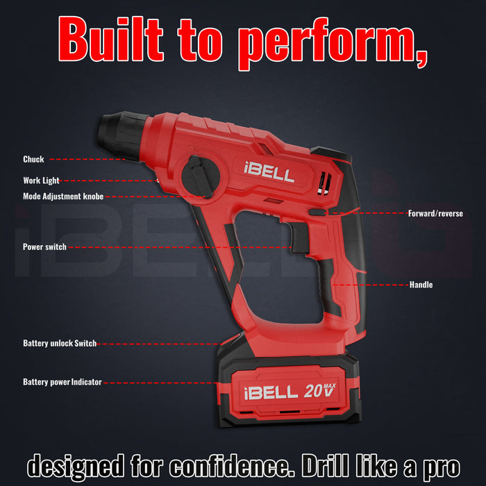 IBELL One Power Series Cordless Rotary Hammer Drill CH20-10 20V,4AH BATTERY, 900RPM, 0.3075 inches .- Red