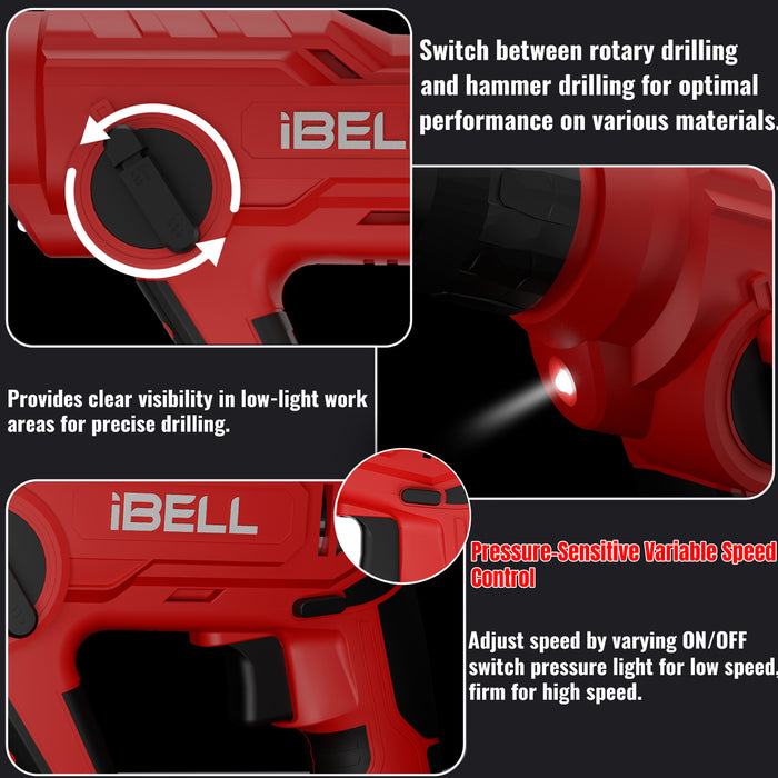 IBELL One Power Series Cordless Rotary Hammer Drill CH20-10 20V,4AH BATTERY, 900RPM, 0.3075 inches .- Red