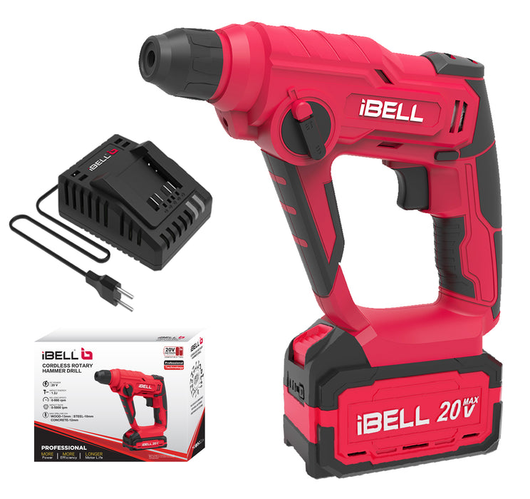 IBELL One Power Series Cordless Rotary Hammer Drill CH20-10 20V,4AH BATTERY, 900RPM, 0.3075 inches , 900 Watts - Red with 6 months warranty