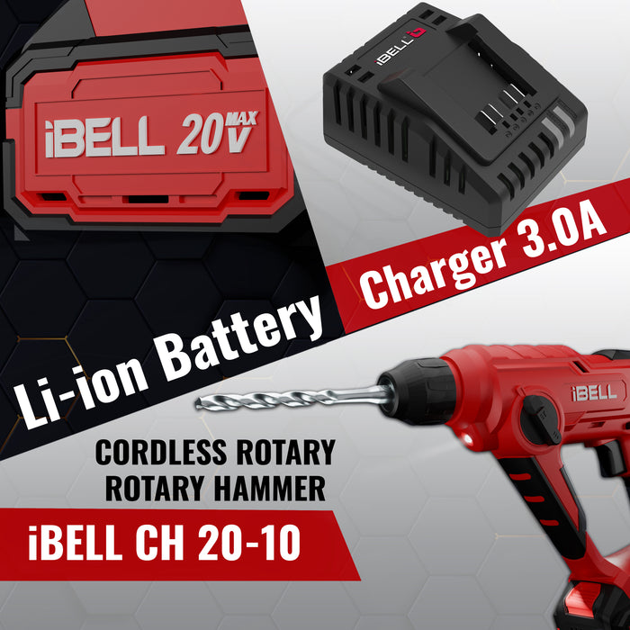 IBELL One Power Series Cordless Rotary Hammer Drill CH20-10 20V,4AH BATTERY, 900RPM, 0.3075 inches .- Red