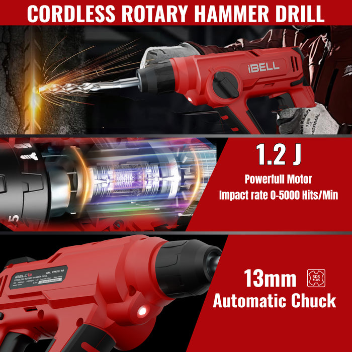 IBELL One Power Series Cordless Rotary Hammer Drill CH20-10 20V,4AH BATTERY, 900RPM, 0.3075 inches .- Red