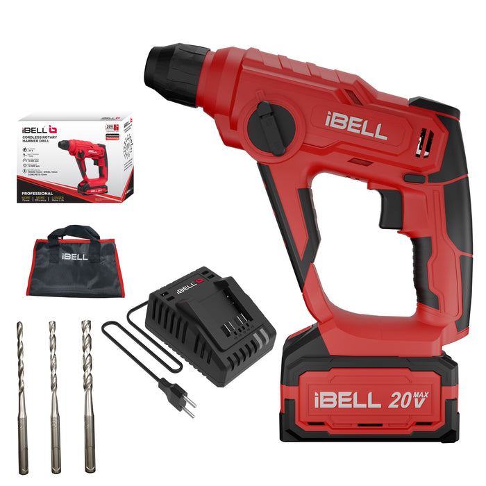 IBELL One Power Series Cordless Rotary Hammer Drill CH20-10 20V,4AH BATTERY, 900RPM, 0.3075 inches .- Red