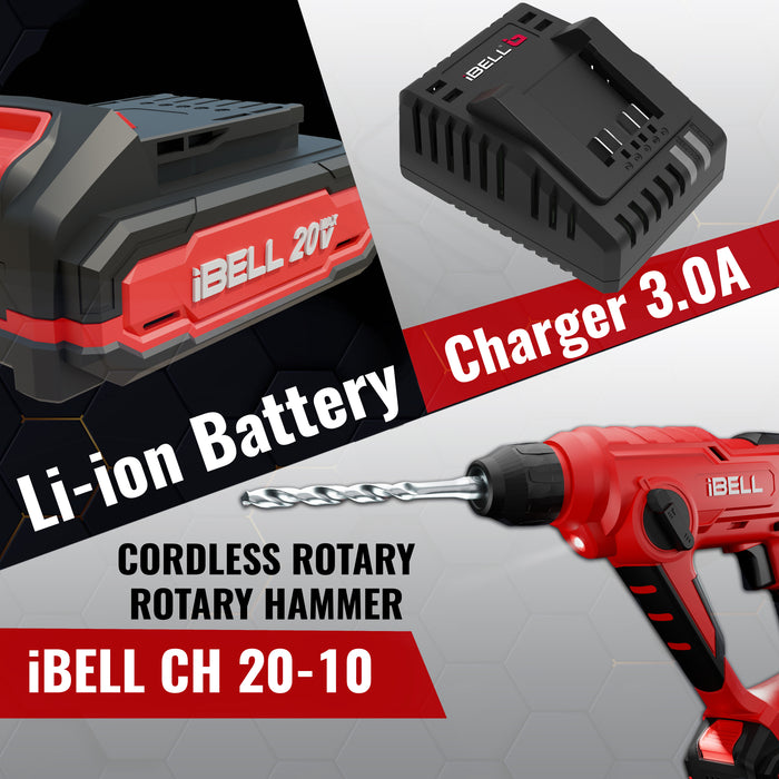 iBELL One Power Series Cordless Rotary Hammer Drill CH20-10 | 20V, 2.0Ah Li-ion Battery | 900RPM | 1.2J Impact Energy | 13mm Chuck | BMC Box Included