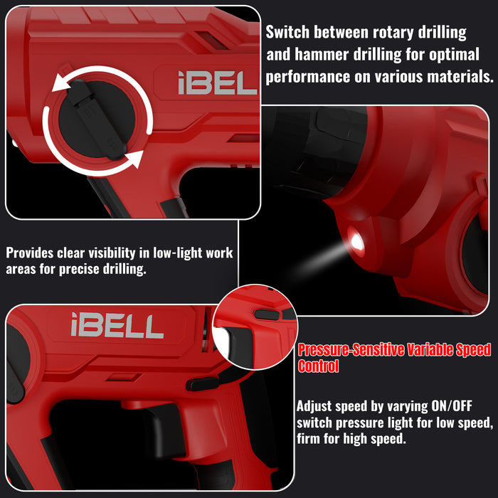 iBELL One Power Series Cordless Rotary Hammer Drill CH20-10 | 20V, 2.0Ah Li-ion Battery | 900RPM | 1.2J Impact Energy | 13mm Chuck | BMC Box Included