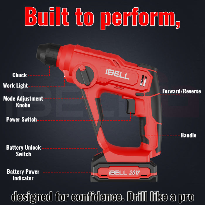 iBELL One Power Series Cordless Rotary Hammer Drill CH20-10 | 20V, 2.0Ah Li-ion Battery | 900RPM | 1.2J Impact Energy | 13mm Chuck | BMC Box Included