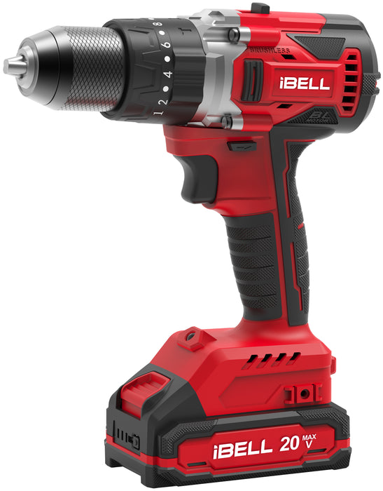 iBELL BD20-80 One Power Series 20V Cordless Impact Drill Brushless | Max 80Nm Torque | 1750 RPM Speed | 13mm Heavy-Duty Metal Keyless Chuck | 20+3 Clutch Settings | LED Light | 2Ah Battery in BMC Box