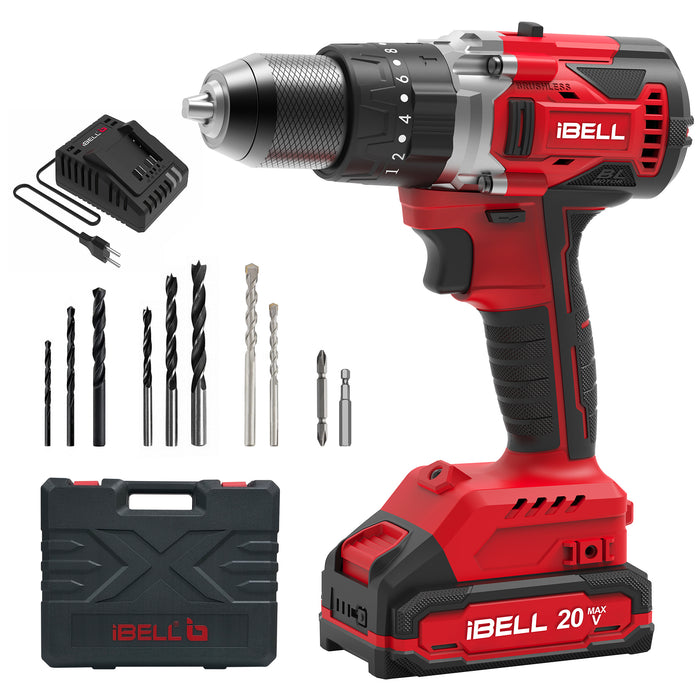 iBELL BD20-80 One Power Series 20V Cordless Impact Drill Brushless | Max 80Nm Torque | 1750 RPM Speed | 13mm Heavy-Duty Metal Keyless Chuck | 20+3 Clutch Settings | LED Light | 2Ah Battery in BMC Box