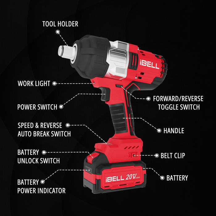 iBell BW1000 20V Max Cordless Impact Wrench Brushless|1000Nm|3/4" (19mm) Tool Holder|3-Speed(1000/1600/2200 RPM)|4.0Ah Li-ion Battery & Charger|Heavy-Duty for Automotive & Industrial Use
