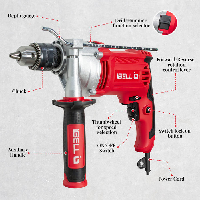 IBell Industrial Impact Drill ID13-30,1100W, Copper Armature, Chuck 13mm manual, 0-3000 RPM, 2 mode selector, Forward/Reverse with variable speed