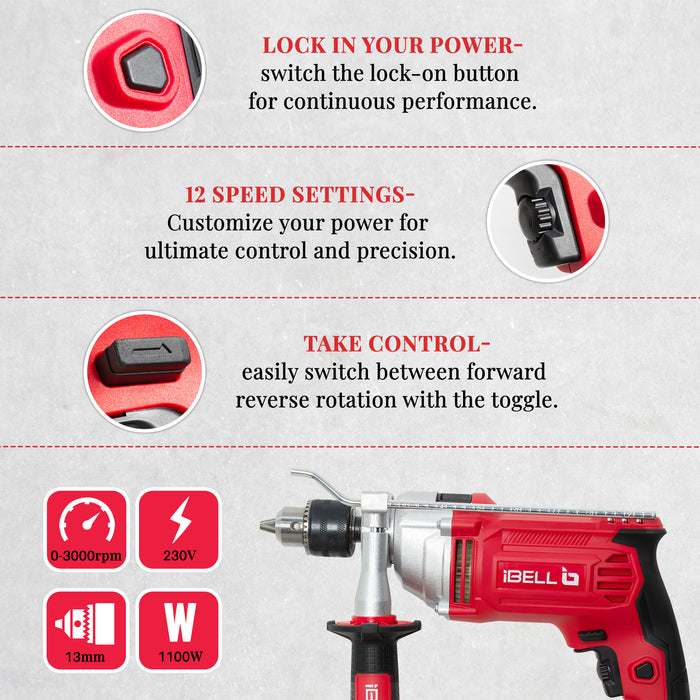 IBell Industrial Impact Drill ID13-30,1100W, Copper Armature, Chuck 13mm manual, 0-3000 RPM, 2 mode selector, Forward/Reverse with variable speed
