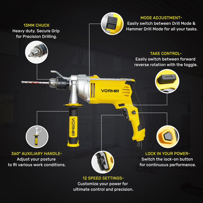 iBELL VORMIR VRID13-30 Impact Drill  – 13mm Keyless Chuck, 1100W Electric Drill, 0-3000 RPM Variable Speed, Forward/Reverse, Hammer & Rotary Function, DIY Home & Professional Power Tool,6 Months Warrenty