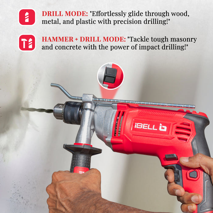 IBell Industrial Impact Drill ID13-30,1100W, Copper Armature, Chuck 13mm manual, 0-3000 RPM, 2 mode selector, Forward/Reverse with variable speed