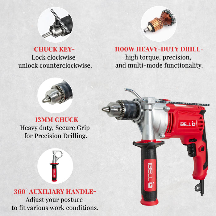 IBell Industrial Impact Drill ID13-30,1100W, Copper Armature, Chuck 13mm manual, 0-3000 RPM, 2 mode selector, Forward/Reverse with variable speed