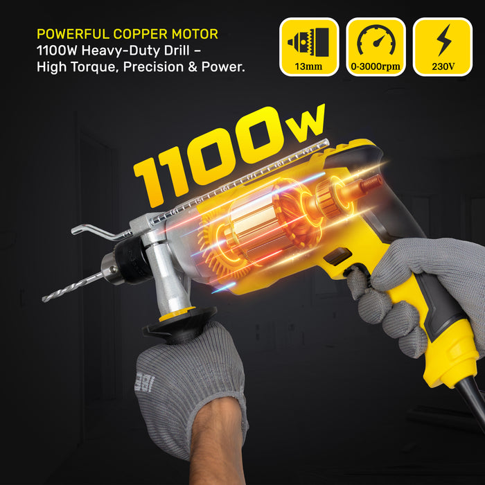 iBELL VORMIR VRID13-30 Impact Drill  – 13mm Keyless Chuck, 1100W Electric Drill, 0-3000 RPM Variable Speed, Forward/Reverse, Hammer & Rotary Function, DIY Home & Professional Power Tool,6 Months Warrenty