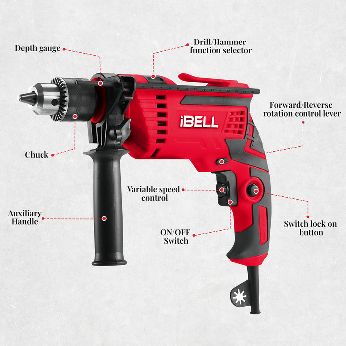 IBELL Impact Drill ID13-75, 650W, Copper Armature, Chuck 13mm, 2800 RPM, 2 mode selector, Forward/Reverse with variable speed