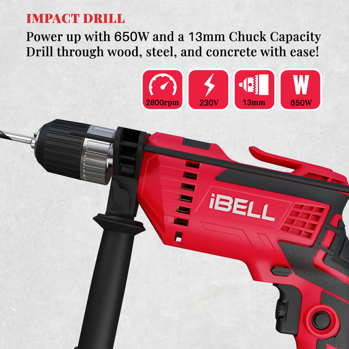 iBELL Impact Drill ID 13-80  13MM, 650W, 2800RPM with Auto Chuck in BMC Box and 17 Accessories