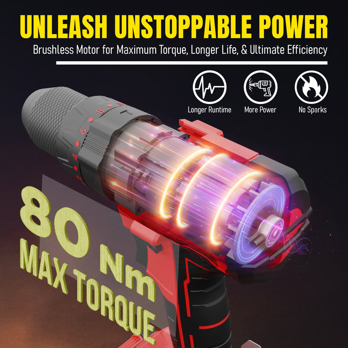 iBELL BD20-80 One Power Series 20V Cordless Impact Drill Brushless | Max 80Nm Torque | 1750 RPM Speed | 13mm Heavy-Duty Metal Keyless Chuck | 20+3 Clutch Settings | LED Light | 2Ah Battery in BMC Box